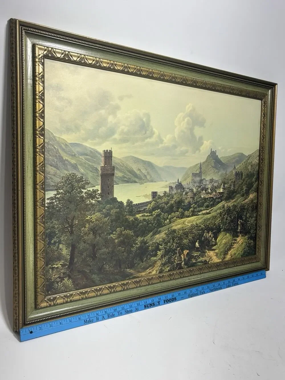Large Vintage Ornate Solid Wood Gold Green Picture Frame 29x38 European Print